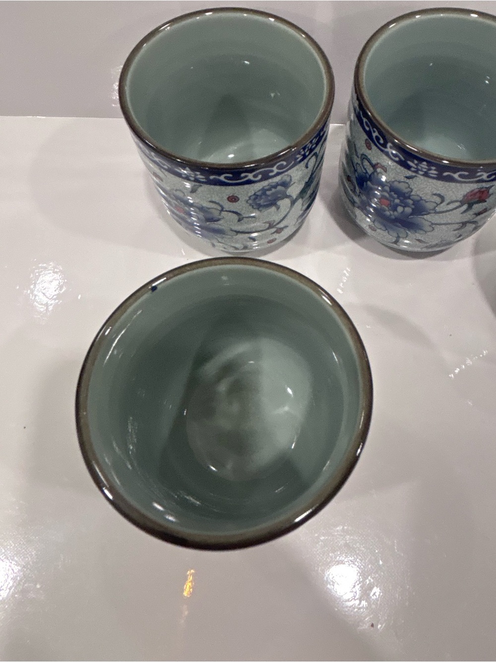 Vintage 4 Japanese porcelain yunomi tea cups blue peonies floral tea bowls - Picture 6 of 9